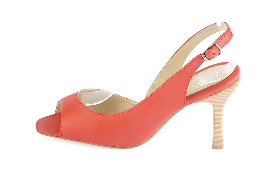 Dress heels peep-toe slingback in coral leather with high spool heels and round toe - Profile view